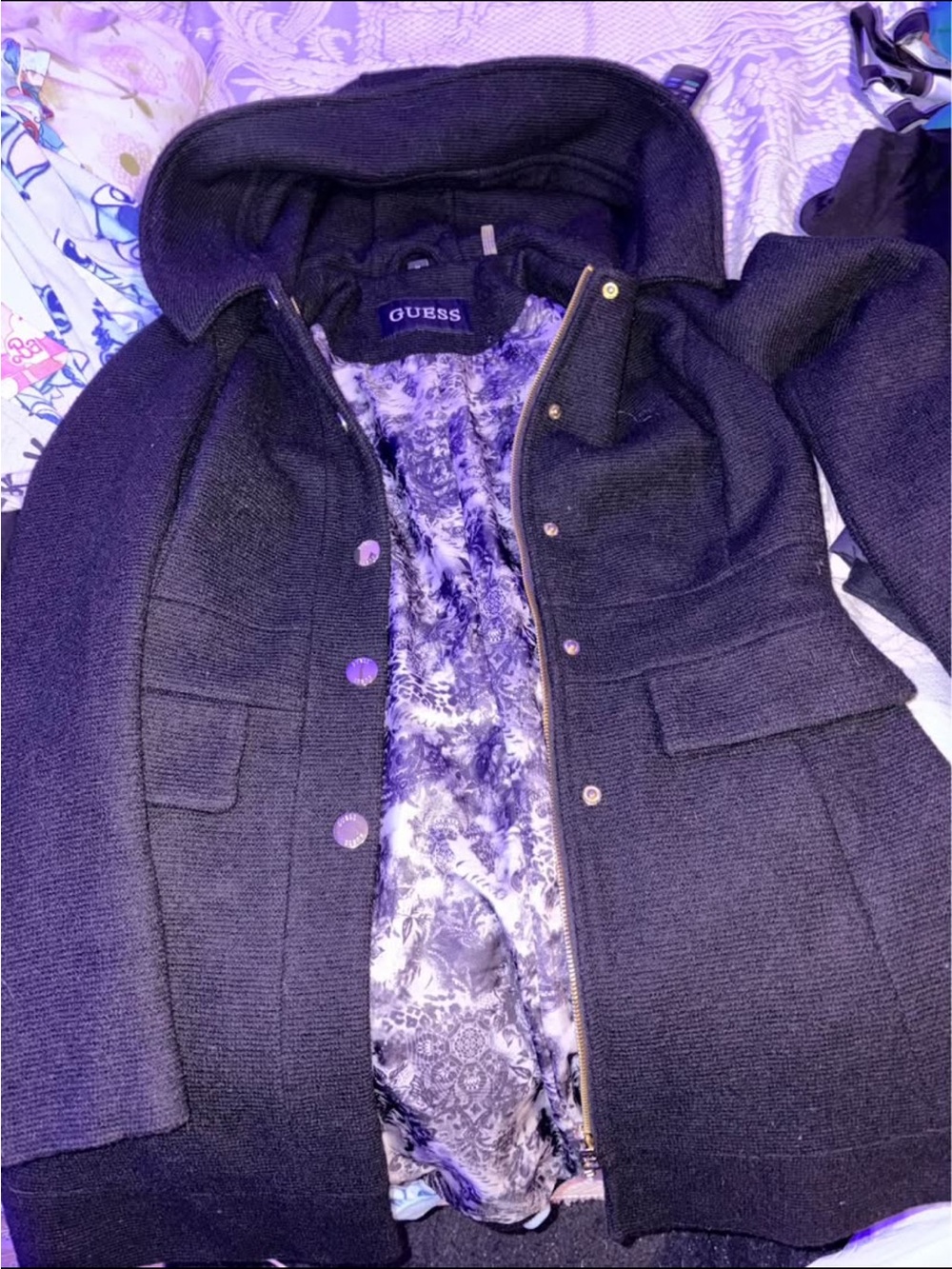 GUESS Black Hooded Pea Coat with Patterned Lining